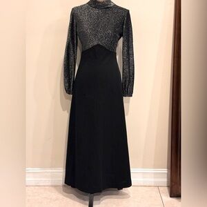 Vintage Long Black Knit Dress Silver Bodice Size Vintage 10